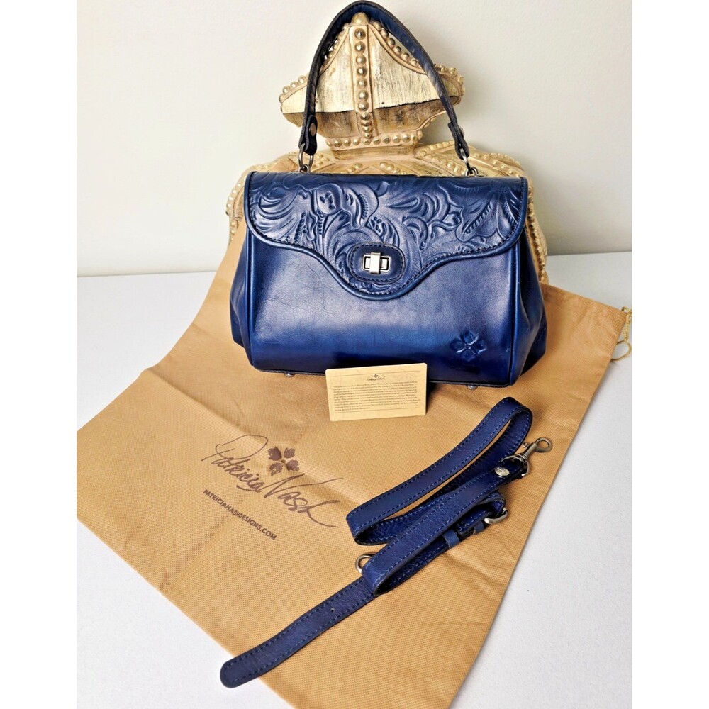 PATRICIA NASH Ischia Tooled Leather A-Frame Satchel Crossbody Bag- Midnight Blue